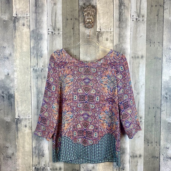 NWOT Anthropologie Maeve Sidney Silk Mosaic Button Back Top in Blue Combo Size 6 - Picture 1 of 9